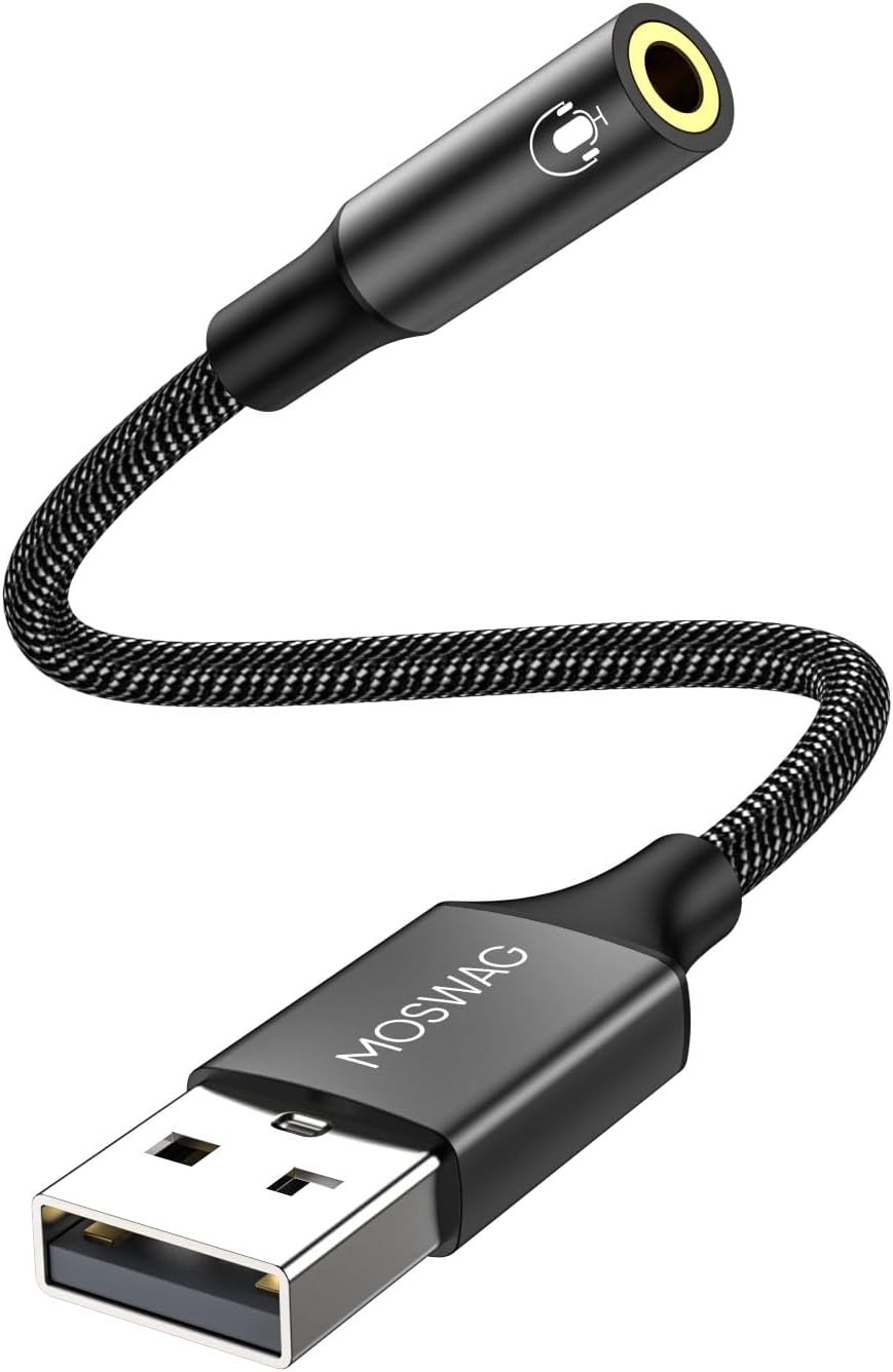 MOSWAG USB to Audio Jack Adapter 0.65Feet/20cm,External Sound Card Jack Audio Adapter with 3.5mm Aux Stereo Converter Compatible with Headset,PC,Laptop,Linux,Desktops,PS4 and More Device