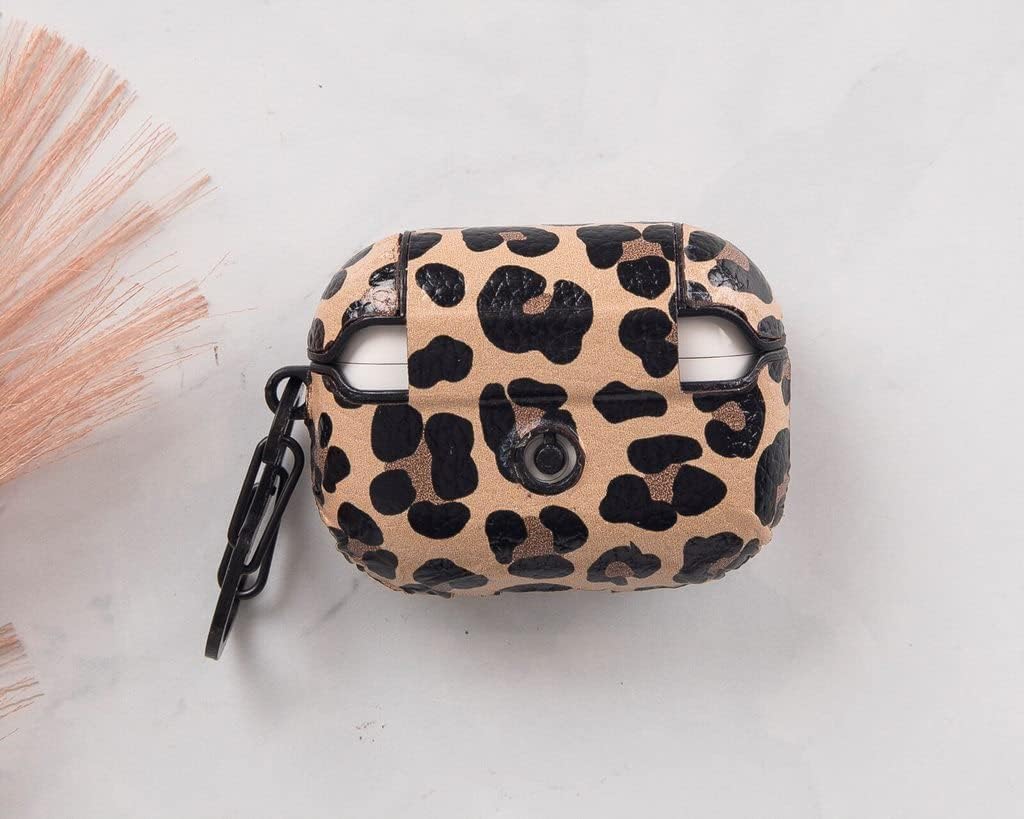 HARDISTON Genuine Leather Handmade Apple AirPods Pro - Hard Case with Keychain Clip - Support Wireless Chargers - Compatible with AirPods Pro (Leopard)