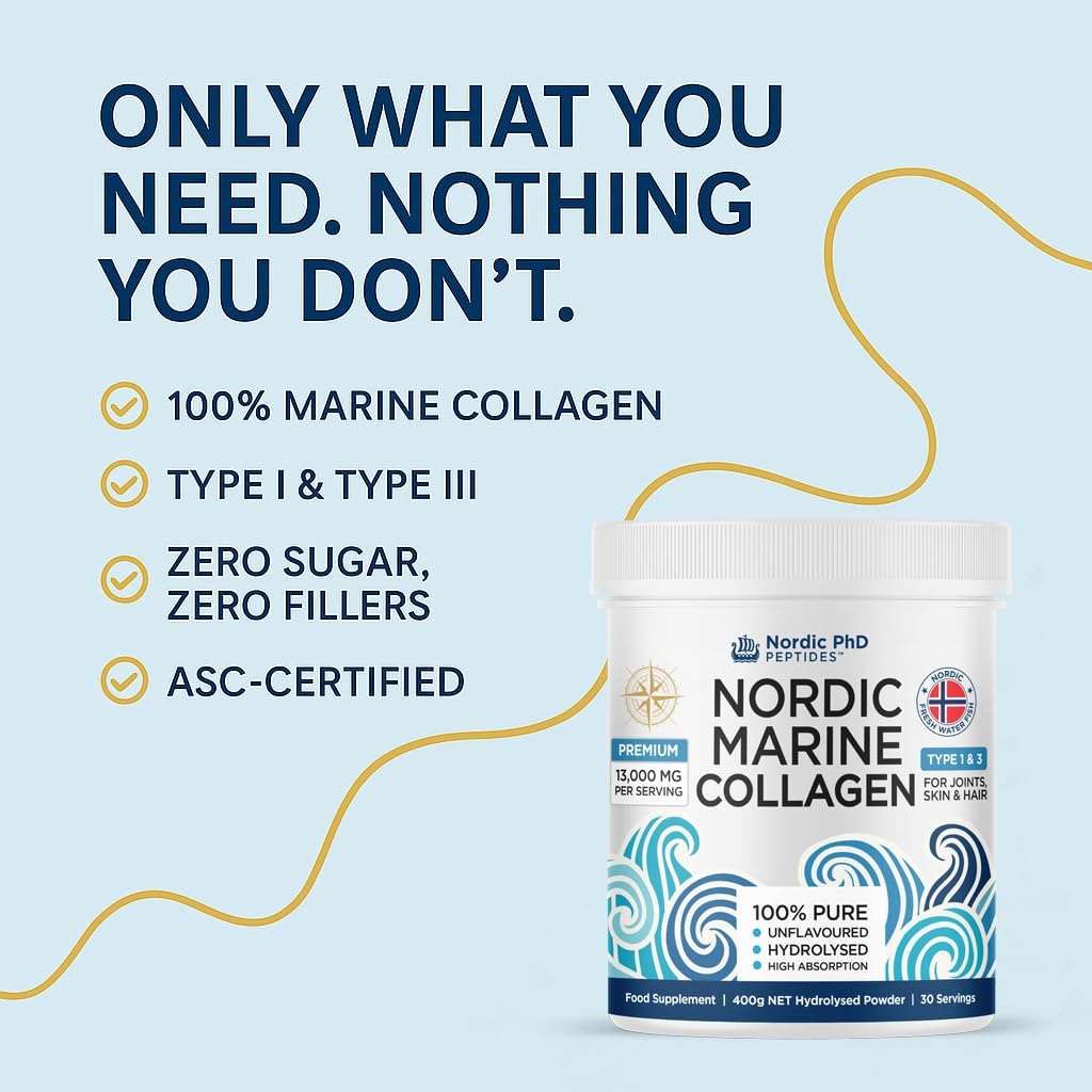 Nordic Marine Kollagen Pulver – 100% reine hydrolysierte Kollagenpeptide – Typ I & III – 13.000mg pro Portion – hohe Absorption – geschmacksneutral – 400g | 30 Portionen