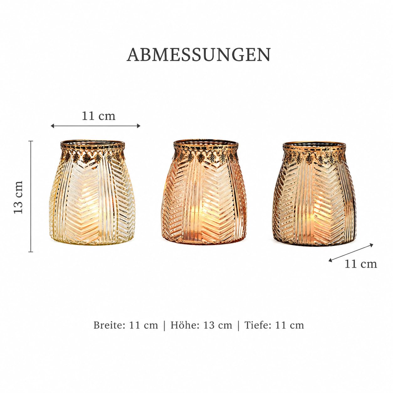 Windlicht 3er Set aus braunem Glas in Bernsteinoptik mit Goldrand