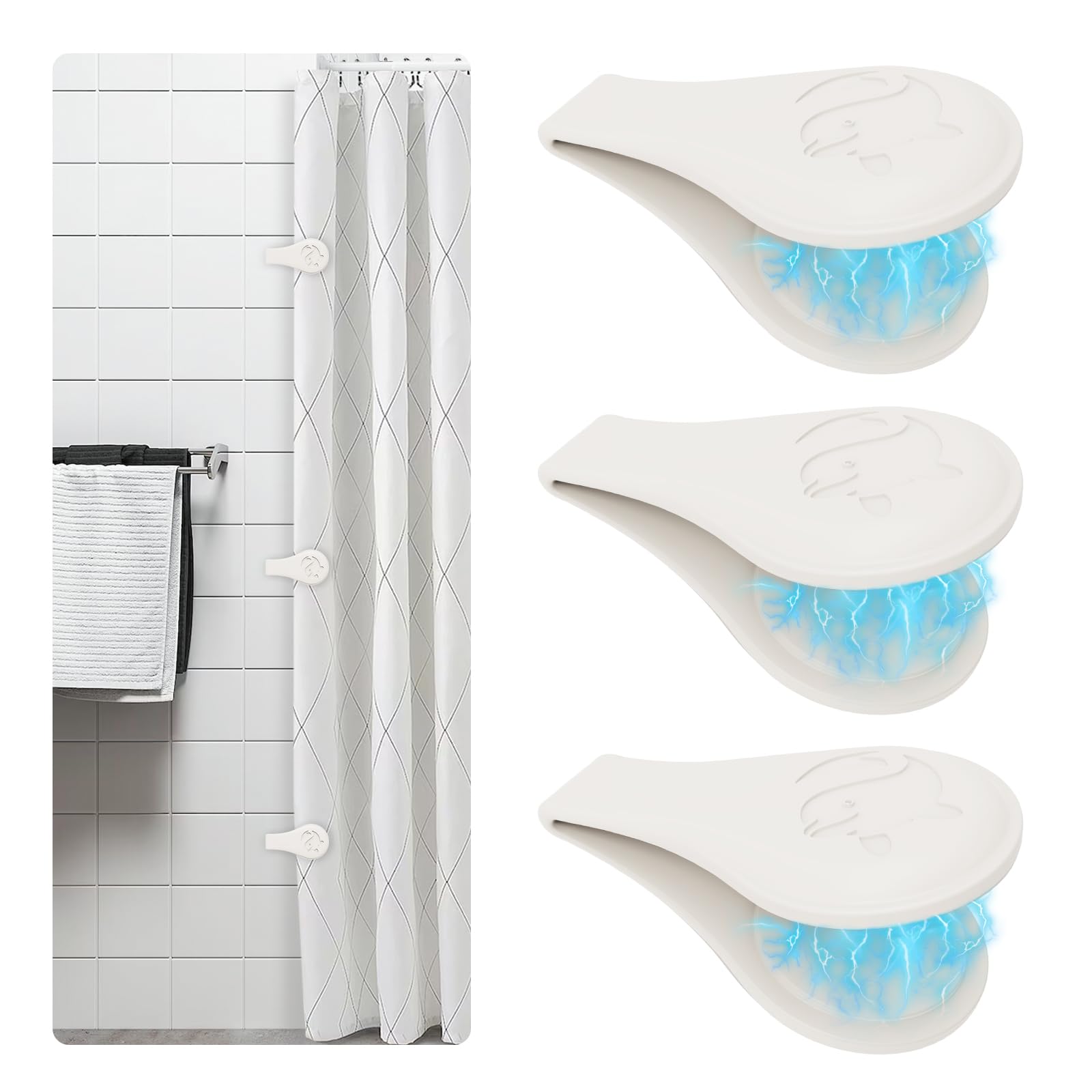 Vaszu Magnetic Silicone Shower Curtain Clips for Liner, Self Adhesive Windproof Splash Holders Prevent Water Splashing Out Keep Curtain Liner Closed