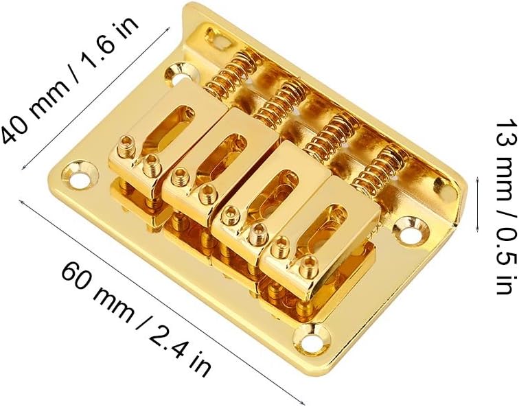 Guitar Bridge Replacement, 4-String Fixed Tailpiece, Adjustable Saddle for Electric Bass, Cigar Box Guitars, Ukuleles (Gold)