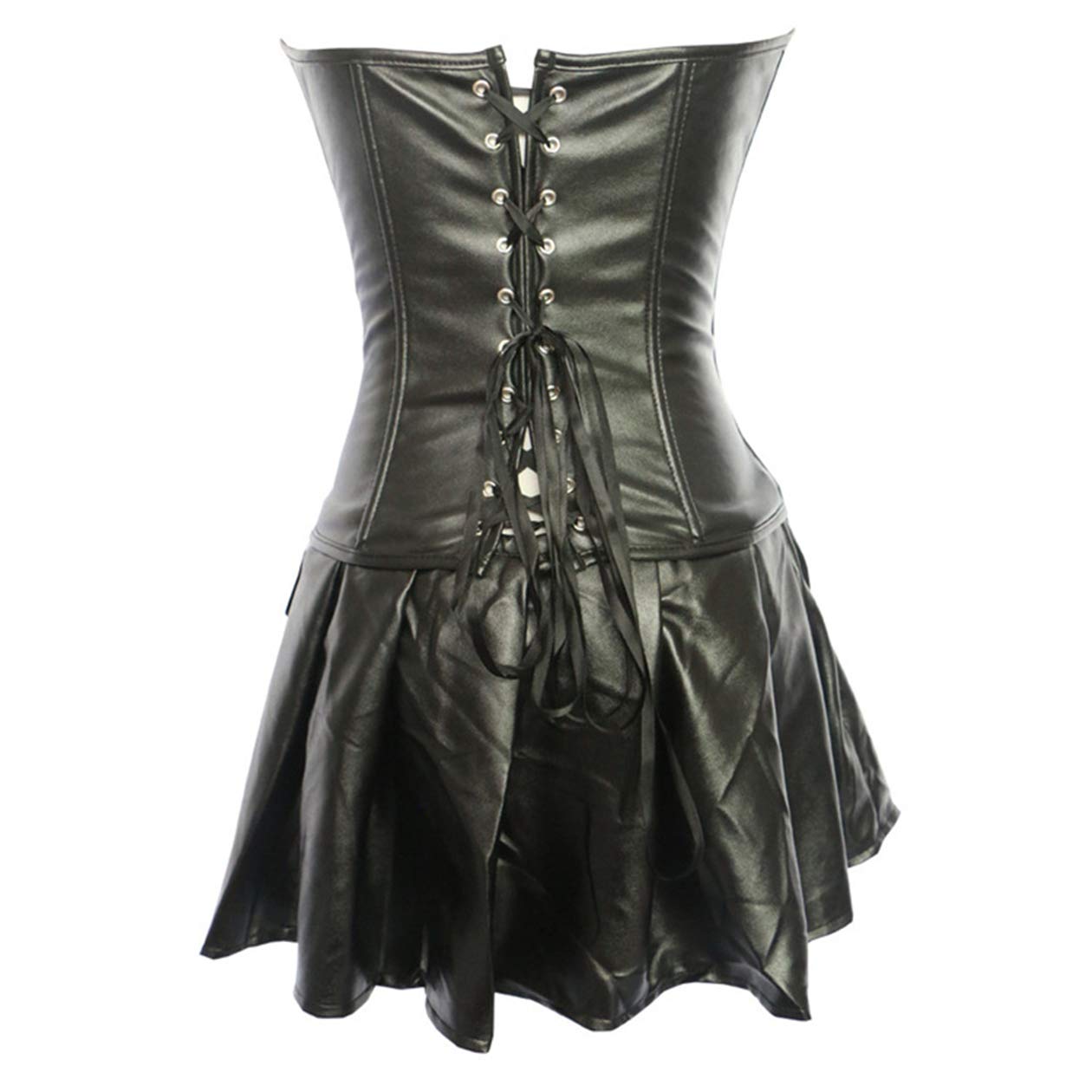Femmes Corset Faux Cuir Sexy Grande Taille Robe Corsage Gothique Steampunk Bustier Minceur avec G-String,Noir