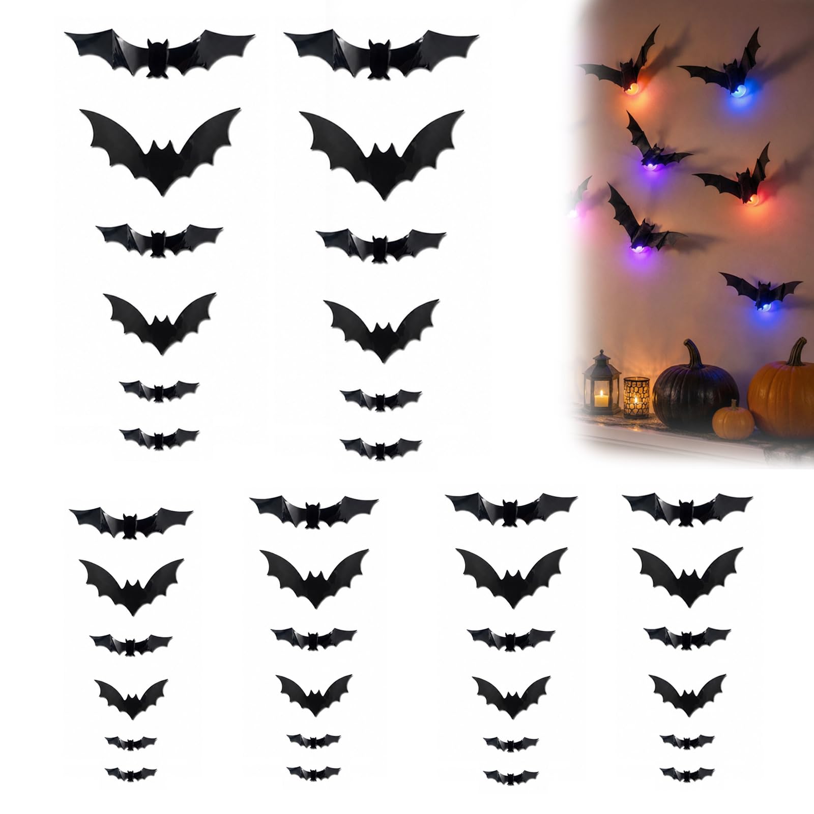 Halloween 3D Lighted Bats LED Glowing Purple Wall Decorations, 36Pcs Black