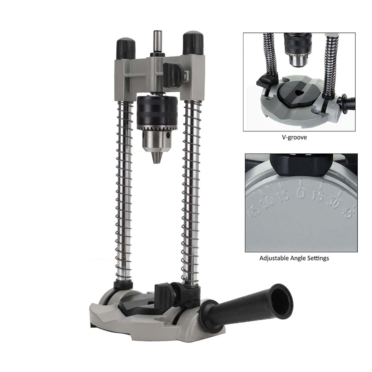 Bohrführungsaufsatz mit 13mm-Bohrfutter, Mehrwinkel BohrfüHrungshalterung, BohrstäNder Mit Bohrfutter, Winkelarretierung 45,60,75,90°, Geeignet FüR Holzbearbeitungsbohrungen, Runde RohröFfnung