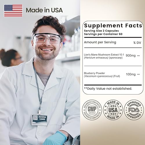 Miniatura 4 de Cápsula orgánica de melena de león concentración 101 equivale a 10,000 mg de hongos, mejorada con arándanos para vitalidad, claridad mental y