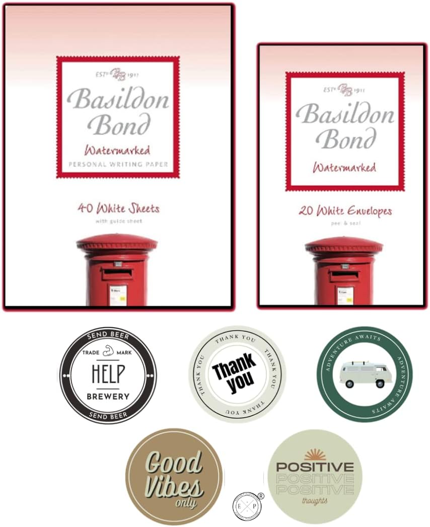 Basildon Bond No2 Duke White Letter Writing Set Includes Writing Pad with 40 Sheets & 20 Envelopes with Unique Design Envelope Adhesive Sticker Label Set. Four of Each Design 20 Stickers Mixed Men