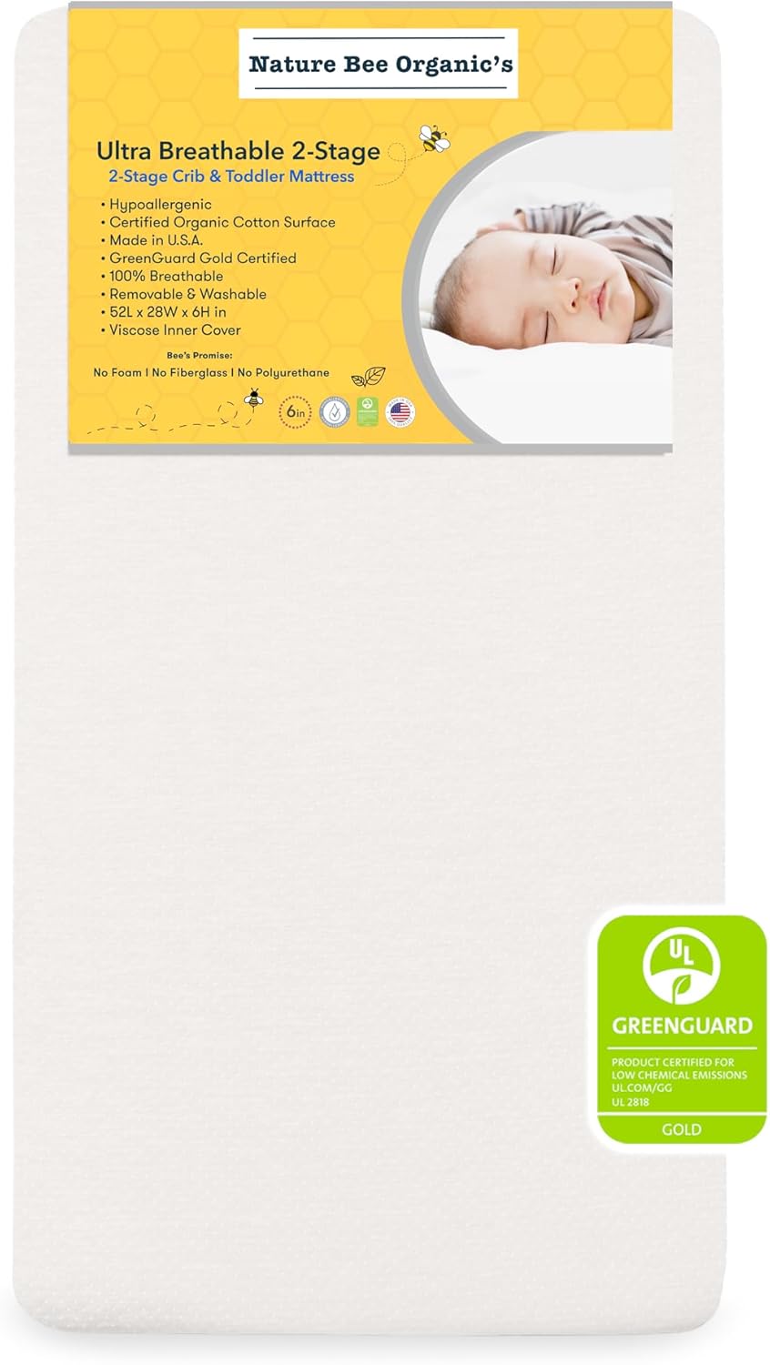 Nature Bee Organic's 2-Stage Ultra Breathable Premium Crib & Toddler Mattress I 100 Hypoallergenic I GreenGuard Gold Certified I 6" Thick Plush Support I 100% Breathable
