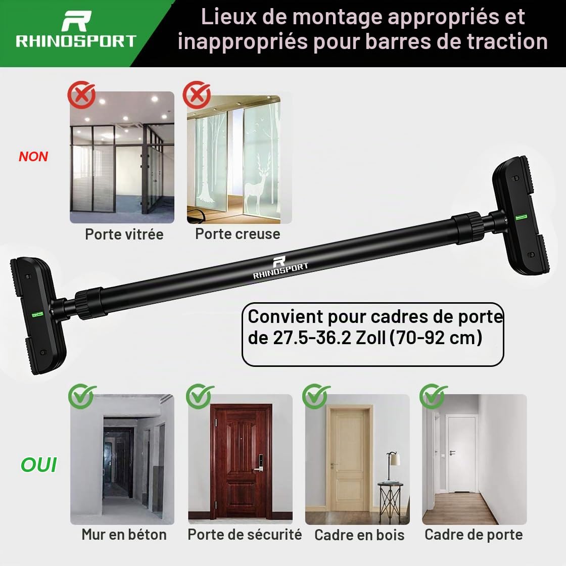 RHINOSPORT Barre de traction pour cadre de porte sans vis avec serrure à engrenage rotatif, barre de traction réglable de 69 à 92 cm, charge maximale de 200 kg