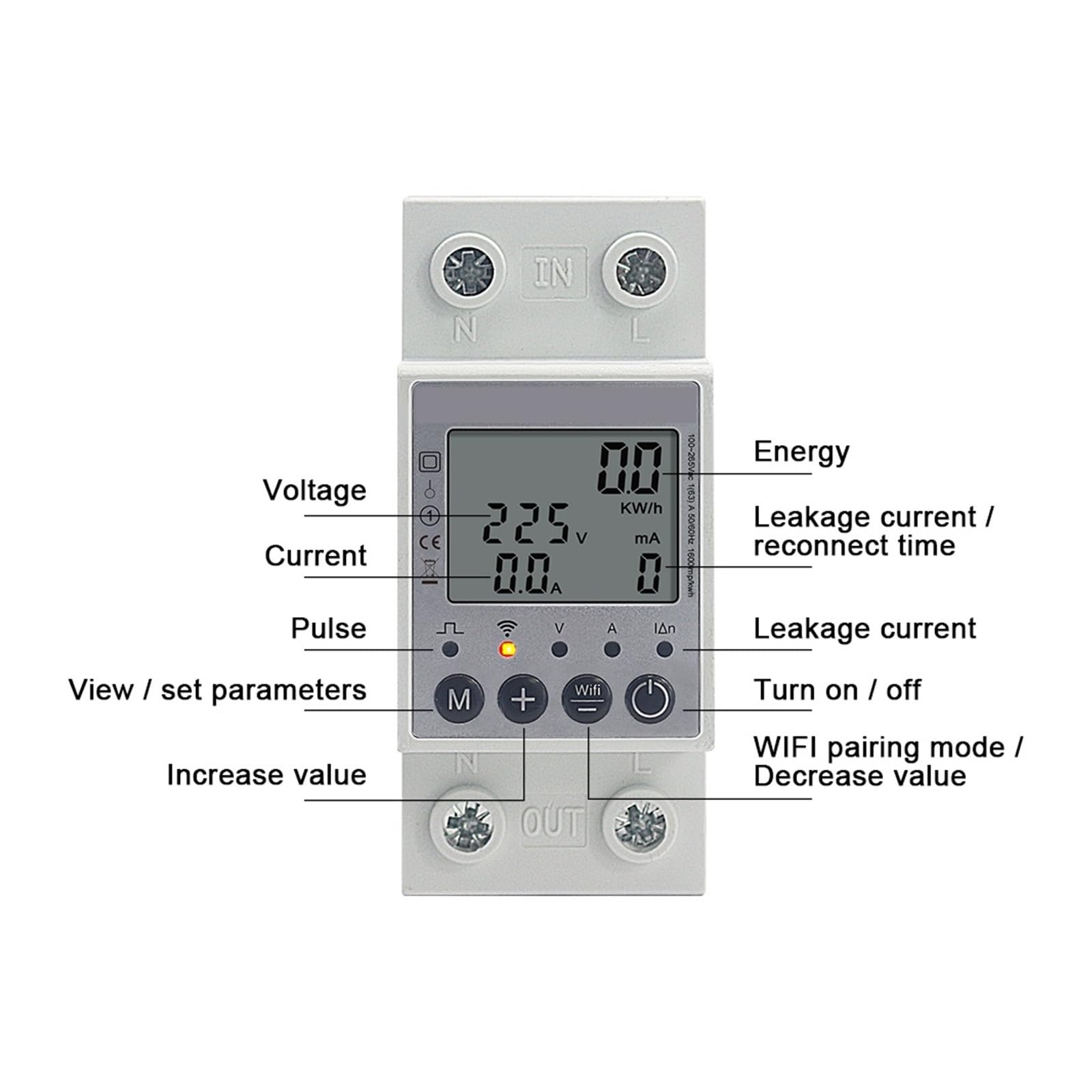 Wifi Tuya Din Rail Digital Monofásico Medidor De Energía KWh Voltaje Corriente Consumo Electricidad Monitorización Precisa Energía(No Wifi Function)