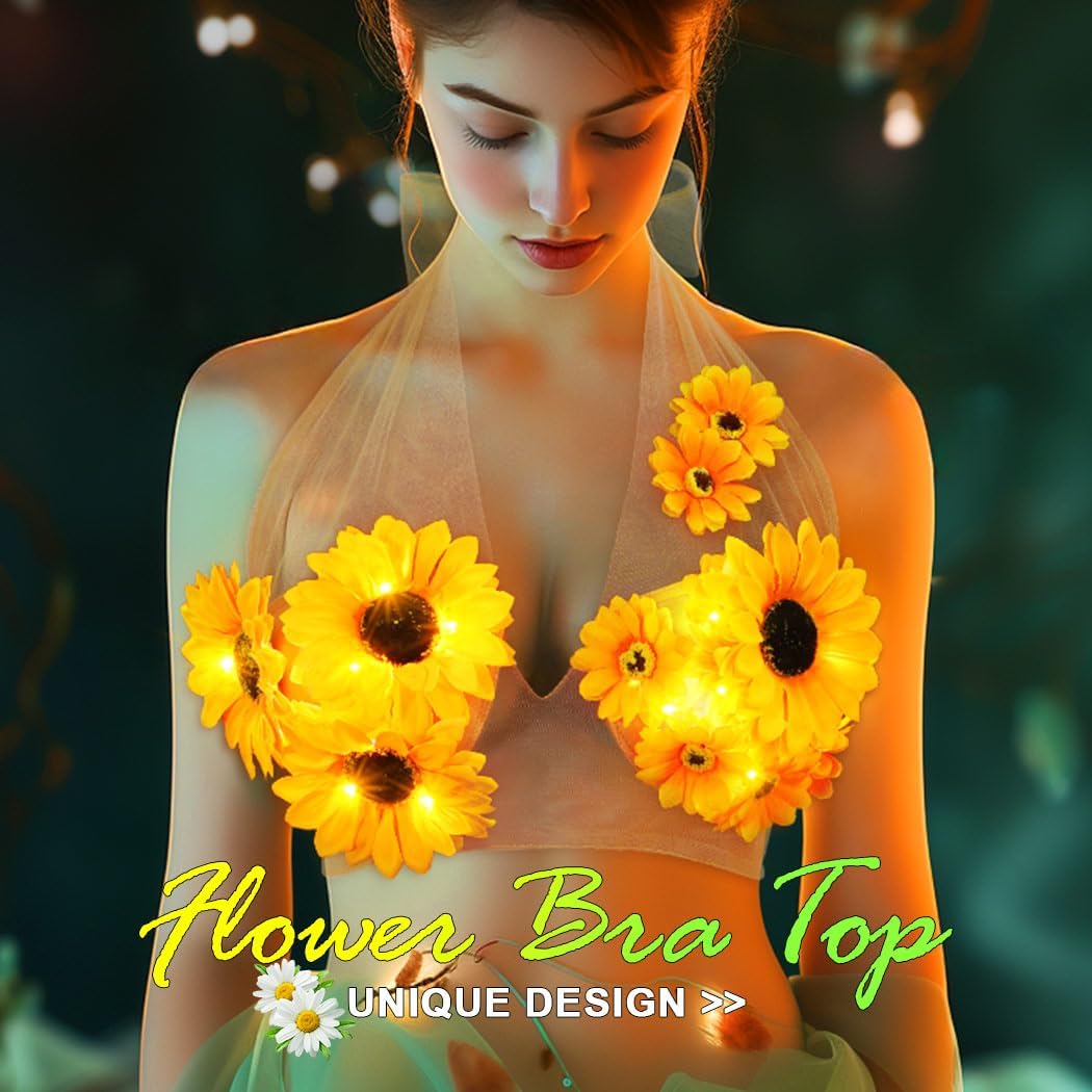 Zoestar Light Up Sunflower Bra Top Glow Rave Festival Outfit for Women Beige - Image 5