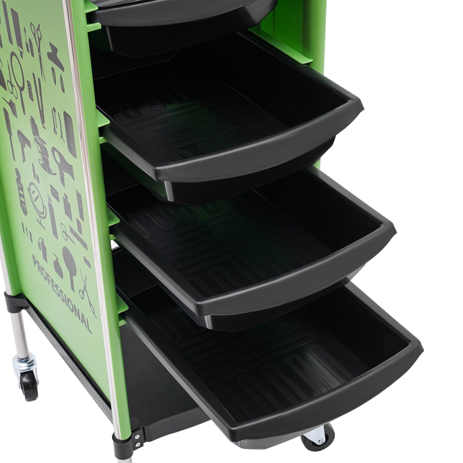 WooDerson Friseurwagen, Friseurwagen mit 4 Schubladen und Rollen, Friseur Zubehör, Beauty Salon Trolley für Stylist Friseur Haarstyling SPA (Grün)