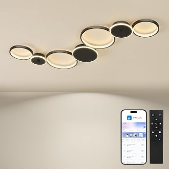 BAYHT Ceiling Light LED Living Room Lamp with Mat 62 W 5300 lm 3000-6500 K Compatible with Control via Mobile App Ceiling Lamp for Bedroom Living Room Black [Energy Class E] [Energy Class E]