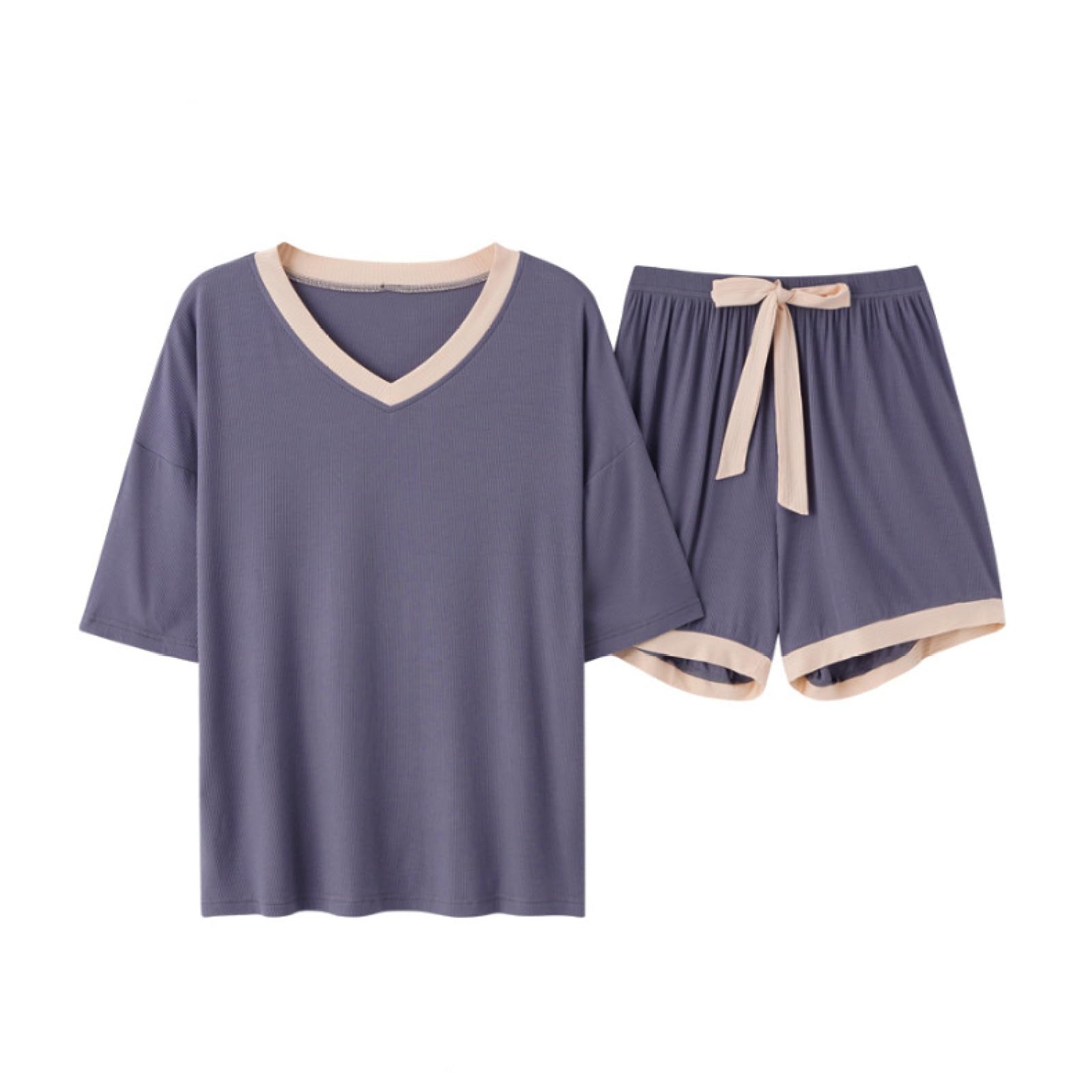 OLEETS Pyjama Set Für Damen - M-3Xl Nachtwäsche 2 Stück Set Frauen Kurzarm Nachthemd V-Ausschnitt Einfarbig Sommer Loungewear Casual Lose Einfache Hause Kleidung