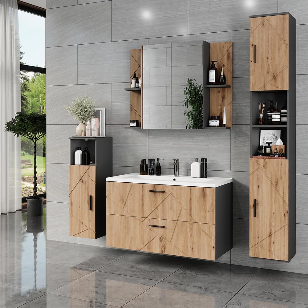 Vicco Conjunto de Muebles de baño Irma, Antracita/Roble Dorado, 100 cm | compuesto por mueble bajo de baño y lavabo