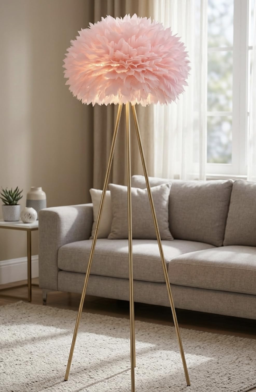 Sanleen Aesthetic Feather Ball Floor Lamp | Pink Feather Shade with Gold Tripod Stand | Modern Decorative Standing Light for Living Room Bedroom & Luxury Home Décor-picture-33