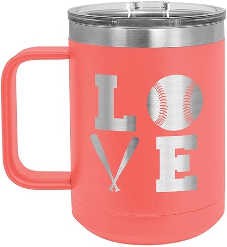 Béisbol amor cuadrado Coral 15 oz taza de café w/tapa superior deslizante | Taza de café de viaje aislado | Ideas de regalo de cumpleaños o Navidad