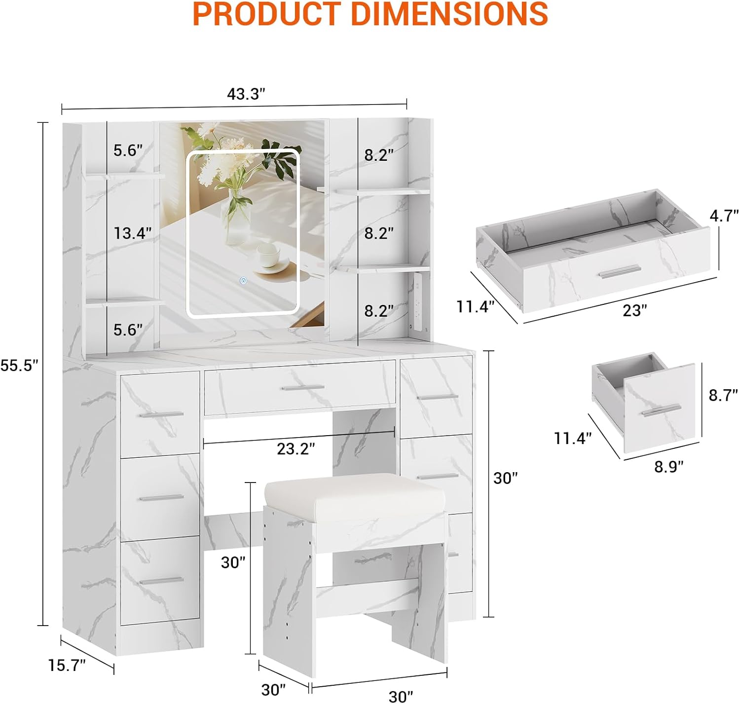 Vanity Desk with Lights, Makeup Vanity Table with Large Mirror and Chair, Power Outlet, Hair Dryer Rack, 7 Drawers, 3 Lighting Modes Brightness Adjustable Dressing Table for Bedroom Marble White