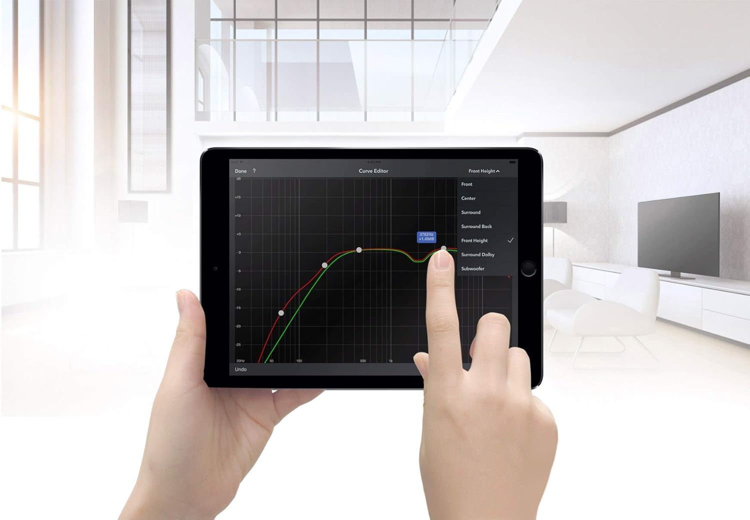 Audyssey MultEQ XT32 room calibration on a tablet