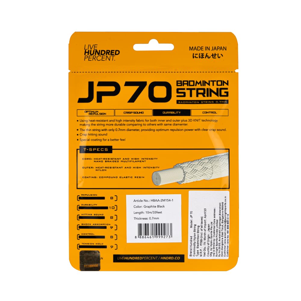 HUNDRED JP 70 Badminton String | Versatile Power & Control | Durable Synthetic Gut | Comfortable Shock Absorption | Reliable Tension & Playability | Made in Japan (Graphite Black)