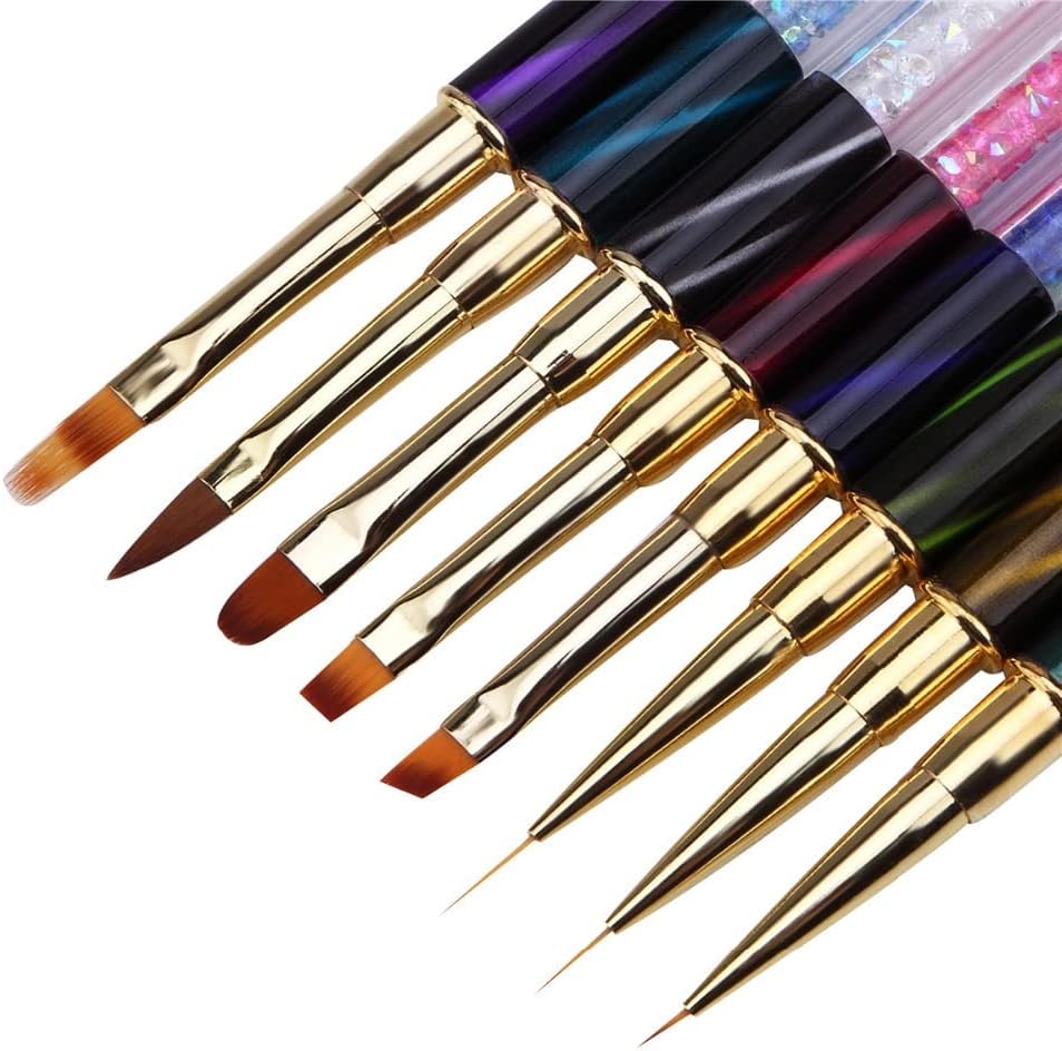 8 Pcs/Set Nail Art Rhinestone Handle Brush French Stripe Lines Pattern Acrylic Gel Extension Painting Pen Manicure Tool