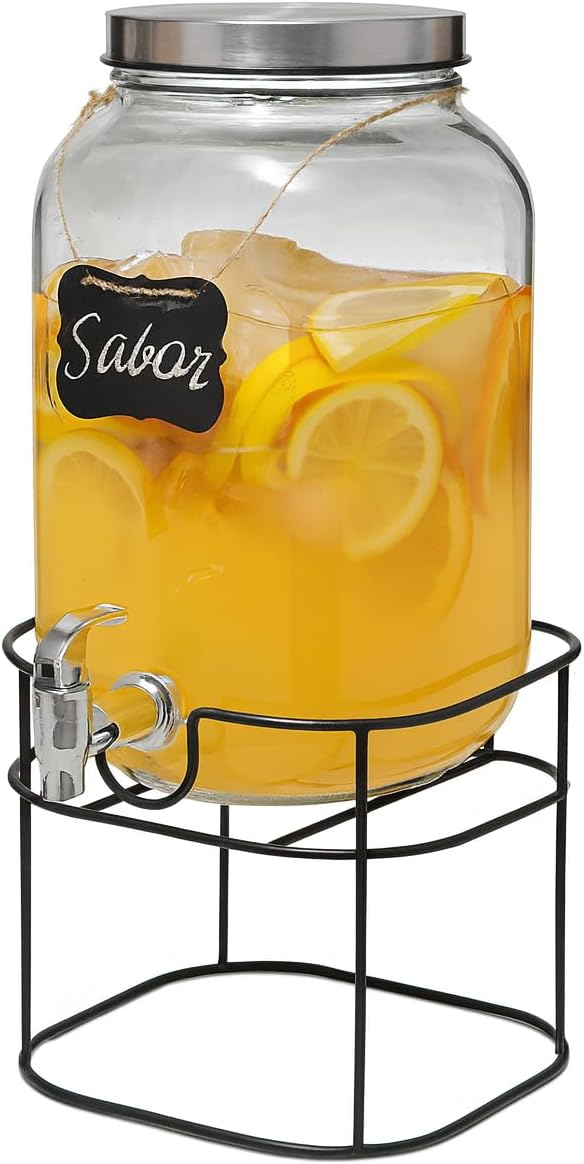 Vintage Drinks Dispenser with Base, Water Bottle Dispenser, Glass Wine Bottle with Lid, 8 Liters