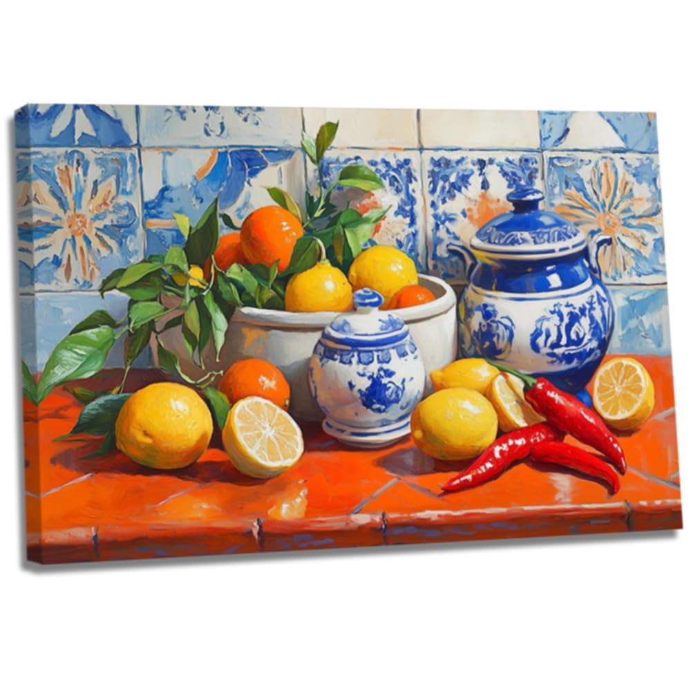 LMYSXAOZ Lemons Canvas Print Fresh Citrus Fruit & Blue Pottery Still Life Painting Farmhouse Kitchen Wall Decor Framed (red,50x75cm)