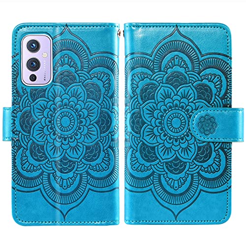 Coque OnePlus 9 portefeuille抗震蓝 étui rabat avec vitre en verre