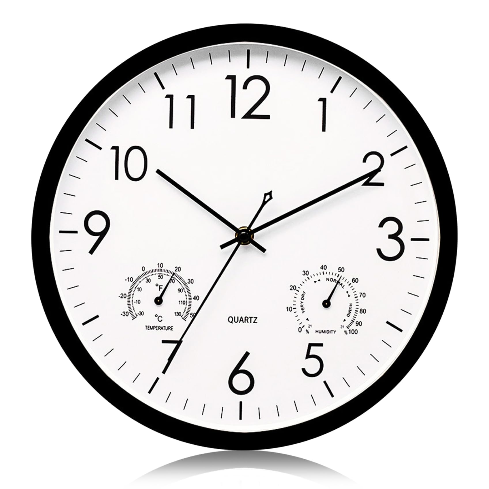 PithCogent Outdoor Wall Clock|Outdoor Clock with Temperature & Humidity 12in Battery Operated Wall Enduring Waterproof Black Round Quartz for Gaiden, Living Room, Office