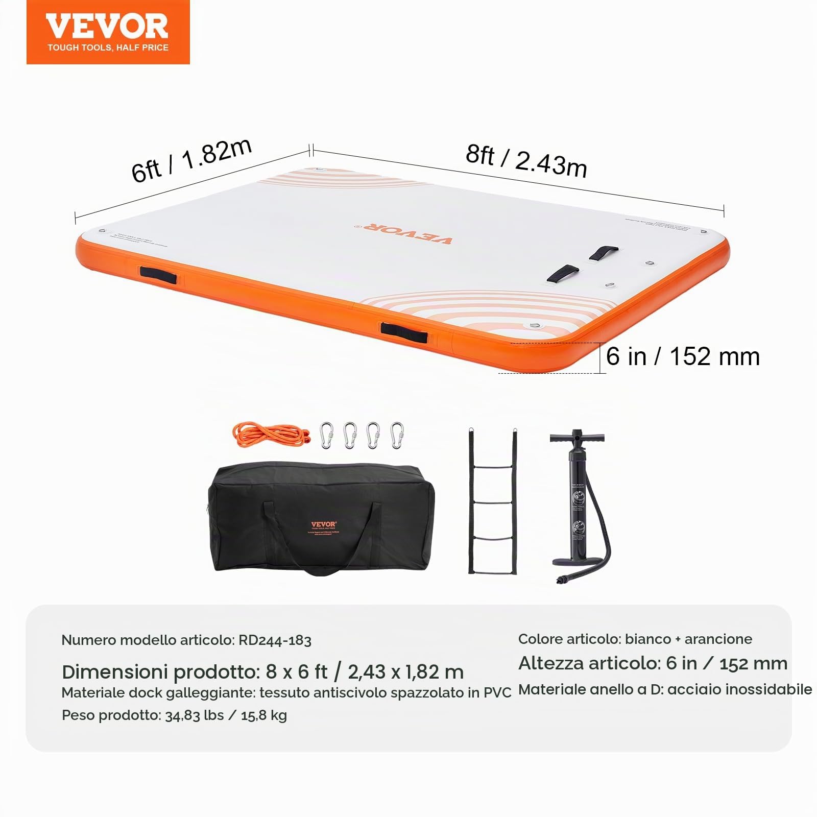 VEVOR Pontile gonfiabile galleggiante, piattaforma gonfiabile da 2,8 x 1,8 m, antiscivolo, con scala staccabile e borsa per il trasporto, piattaforma galleggiante per oceano, piscina, spiaggia