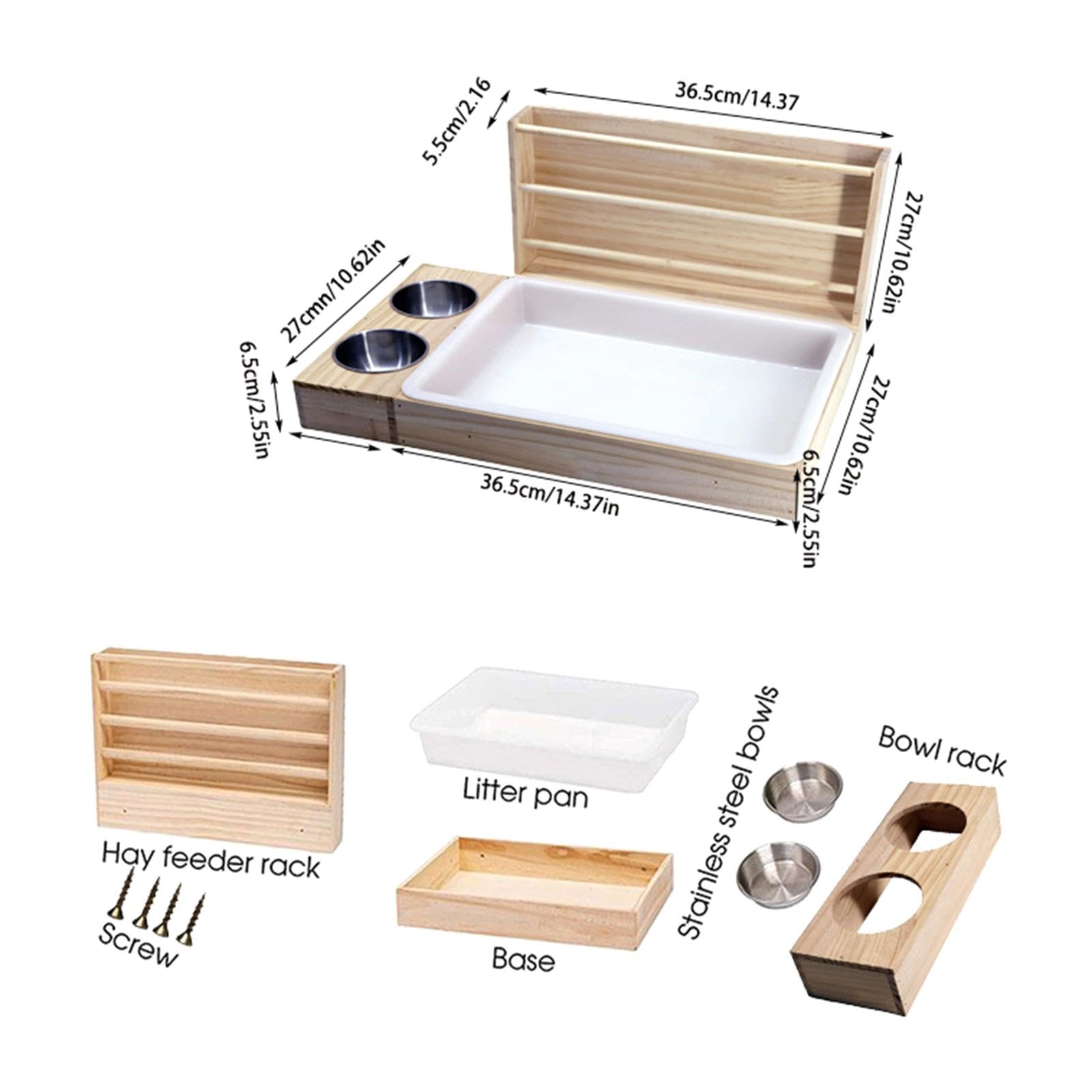 Râtelier à Foin en Bois, Mangeoire à Foin 3 en 1 pour Lapin, Distributeur de Foin pour Lapin avec Bols, Accessoire pour Cage, Bac à Litière, Cochon d'Inde, Mangeoire pour Gerbille, Hamster Nain