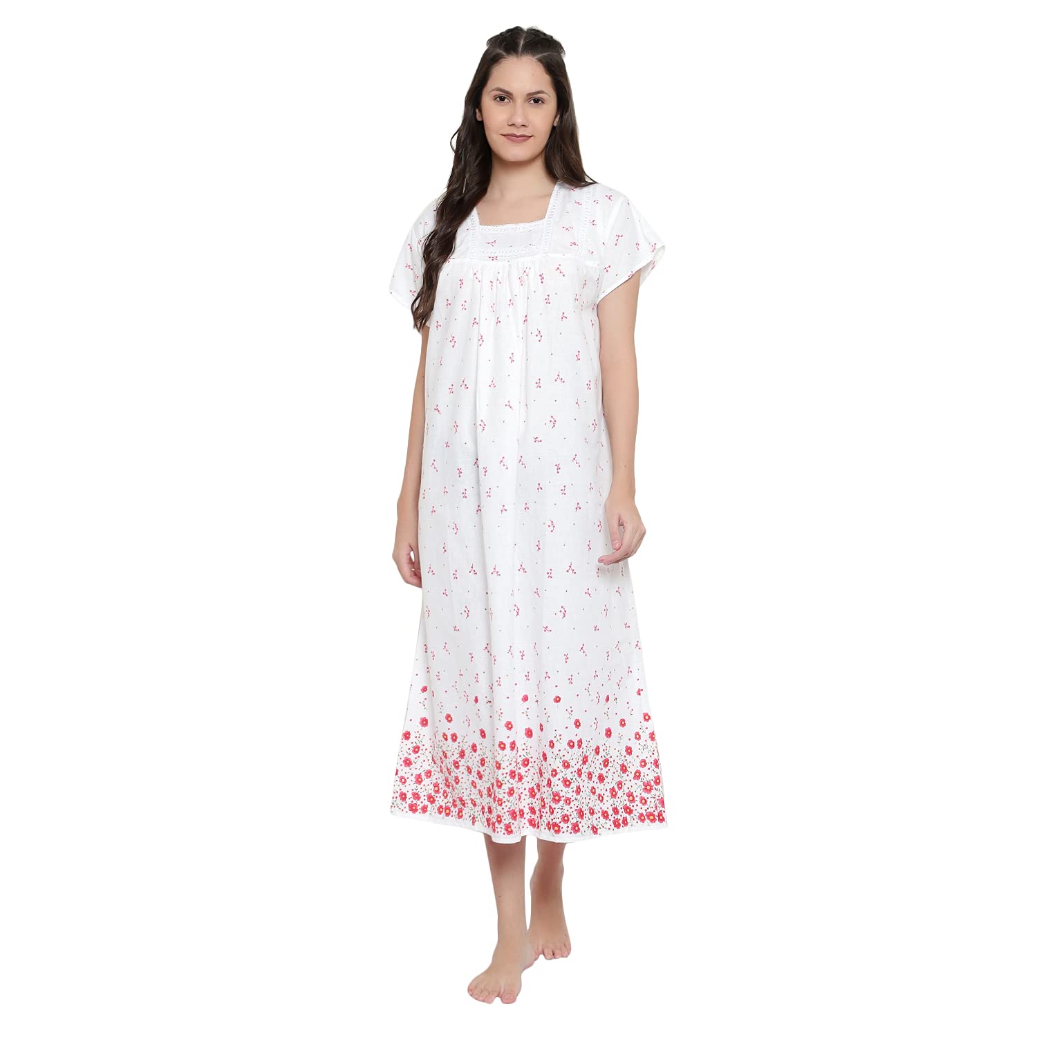 cierge Women's Cotton Red Abstract Lace Ankle Maxi Nighty-picture-19