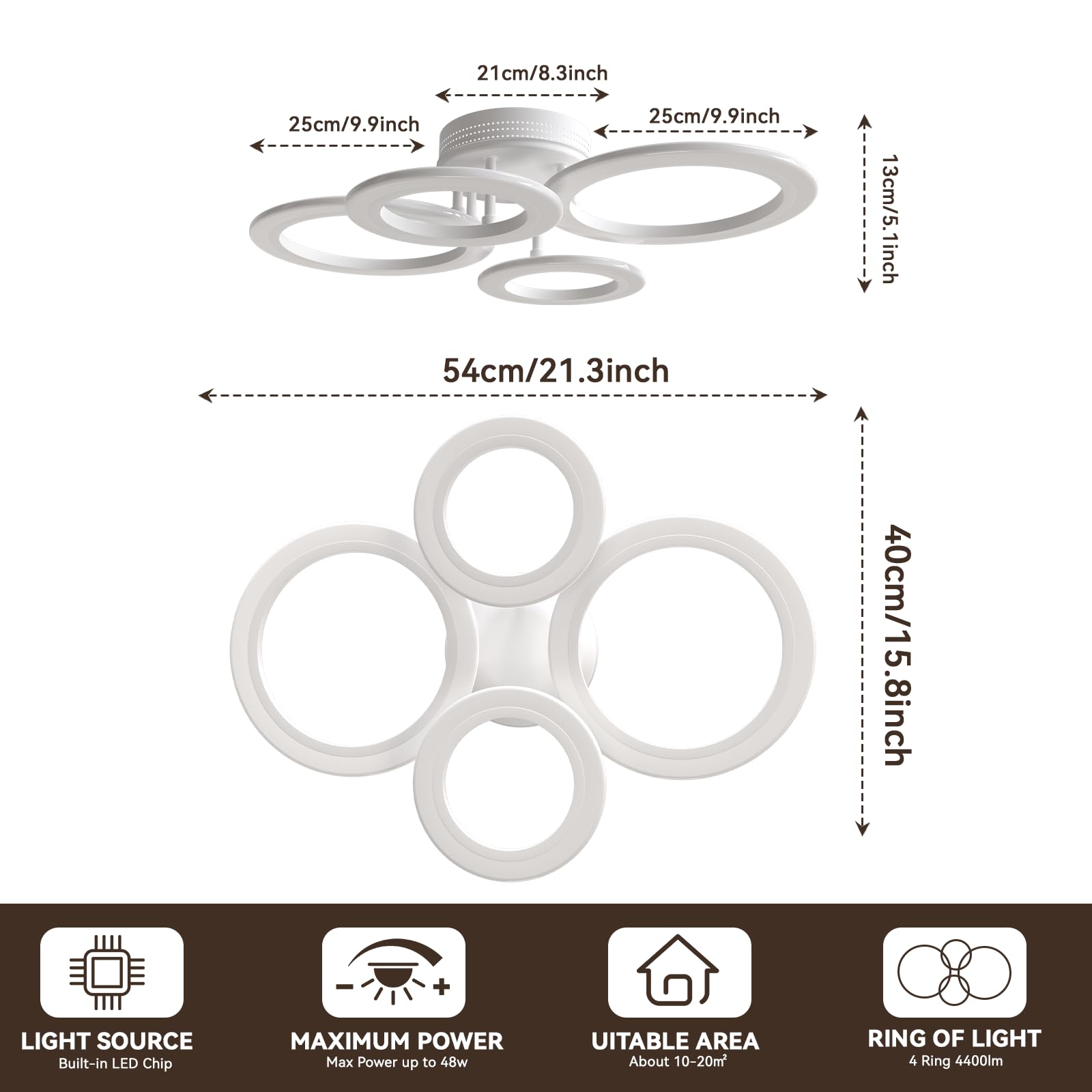 Plafoniera LED Soffitto,4 Anelli Ø52cm 48W Acrilico Dimmerabile Lampadari Moderni led con Telecomando App,2700K-7000K,4400LM Lampadario per Soggiorno Camera da Letto Cucina Ufficio
