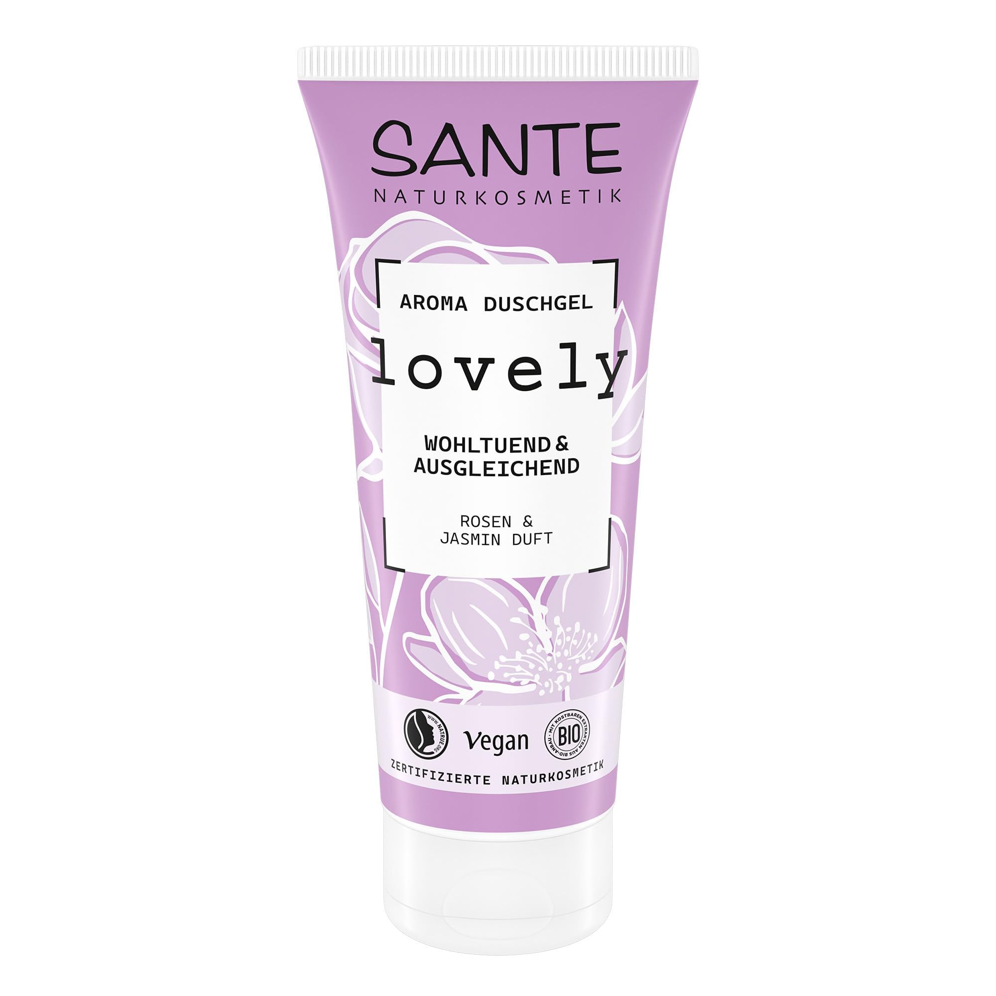 SANTE Naturkosmetik Lovely Aroma Duschgel Rose & Jasmin - 200 ml - wohltuendes Shower Gel mit natürlichen Düften - vegan & dermatologisch getestet - ausgleichende Pflegedusche