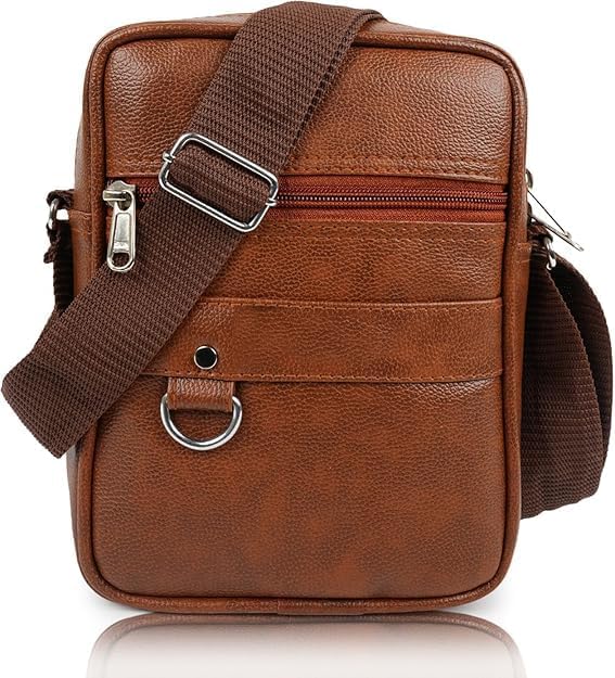 Shade Stylish PU Leather Sling Bag for Men | Cross Body Messenger Bag with Adjustable Shoulder Strap | Travel Office Casual One Side Shoulder Bag | Zip Pockets | Brown 1PC-image-35