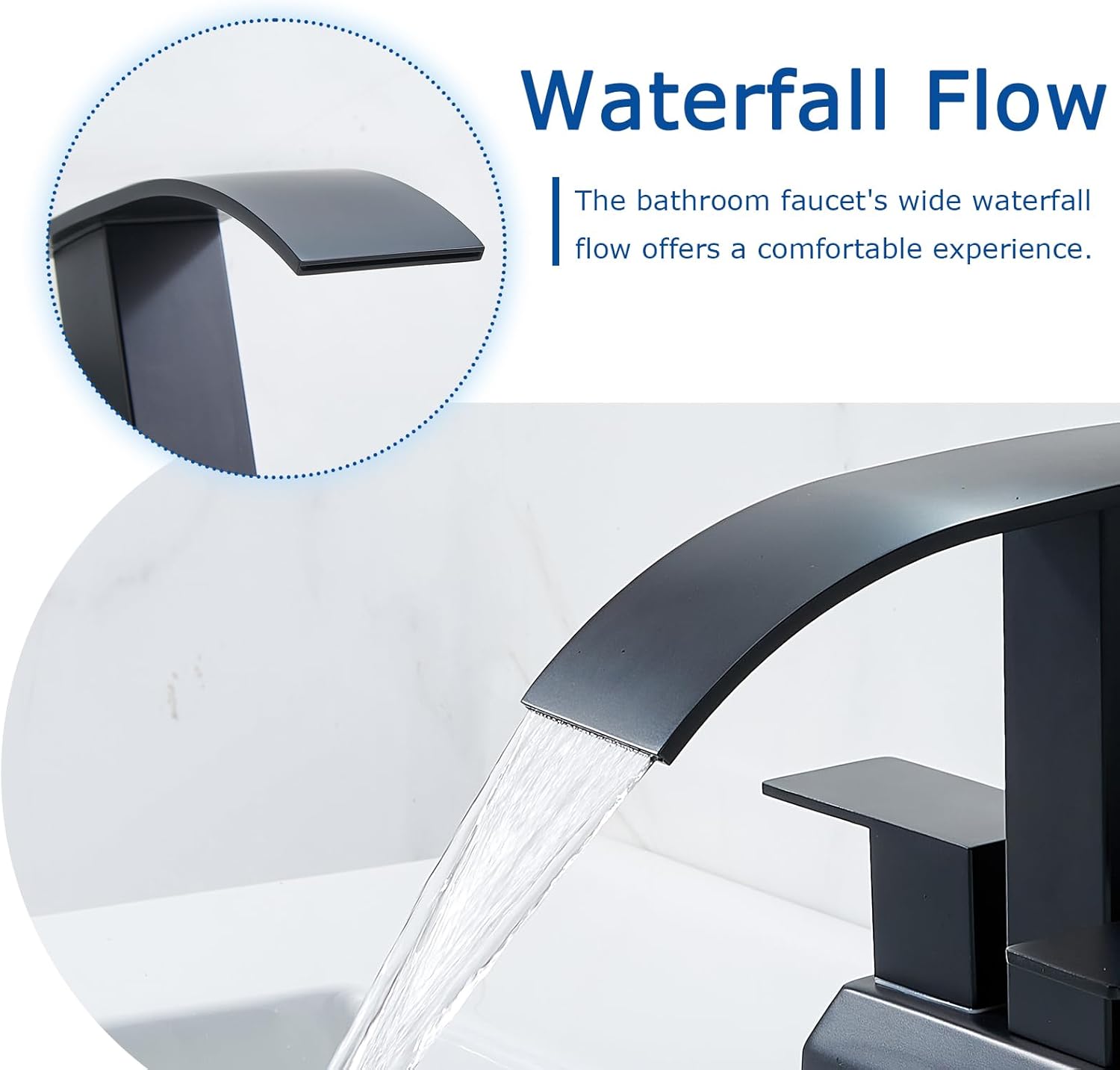 SHACO Black Bathroom Faucet, 4 Inch Centerset Bathroom Faucet 3 Hole, Matte Black 2 Handle Waterfall Bathroom Sink Faucet with Pop Up Drain and Supply Hoses, SC-ZTS004B-NEW