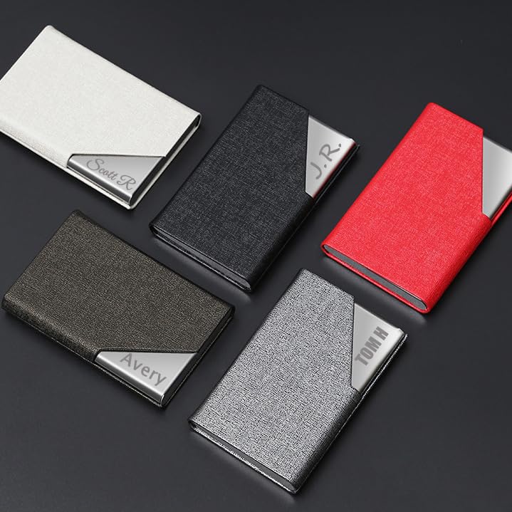 Business Card Holder Case Personalized Name Engraving Text Sentence PU Leather Stainsteel Steel Credit Card ID Box Slim Wallet with Magnetic Closure For Men Women,11 Colors2