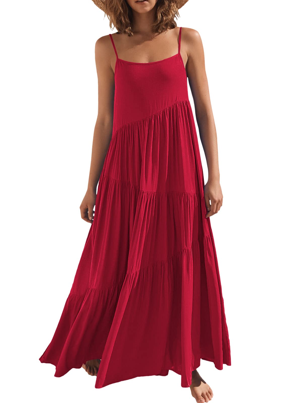 ANRABESSWomen Summer Casual Loose Sleeveless Sundress Spaghetti Strap Flowy Boho Linen Beach Vacation Maxi Long Dress