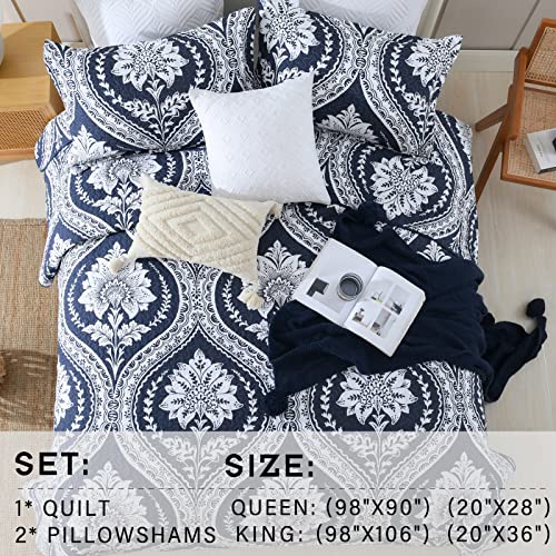 Quilts Queen Size – 100% Cotton Queen Quilt Bedding Set, Navy Blue White Floral Damask Paisley Quilt Bedspread, Lightweight Sofe Bohemian Reversible Quilt Coverlet Set For All Seasons, 3 Pieces #TOP6