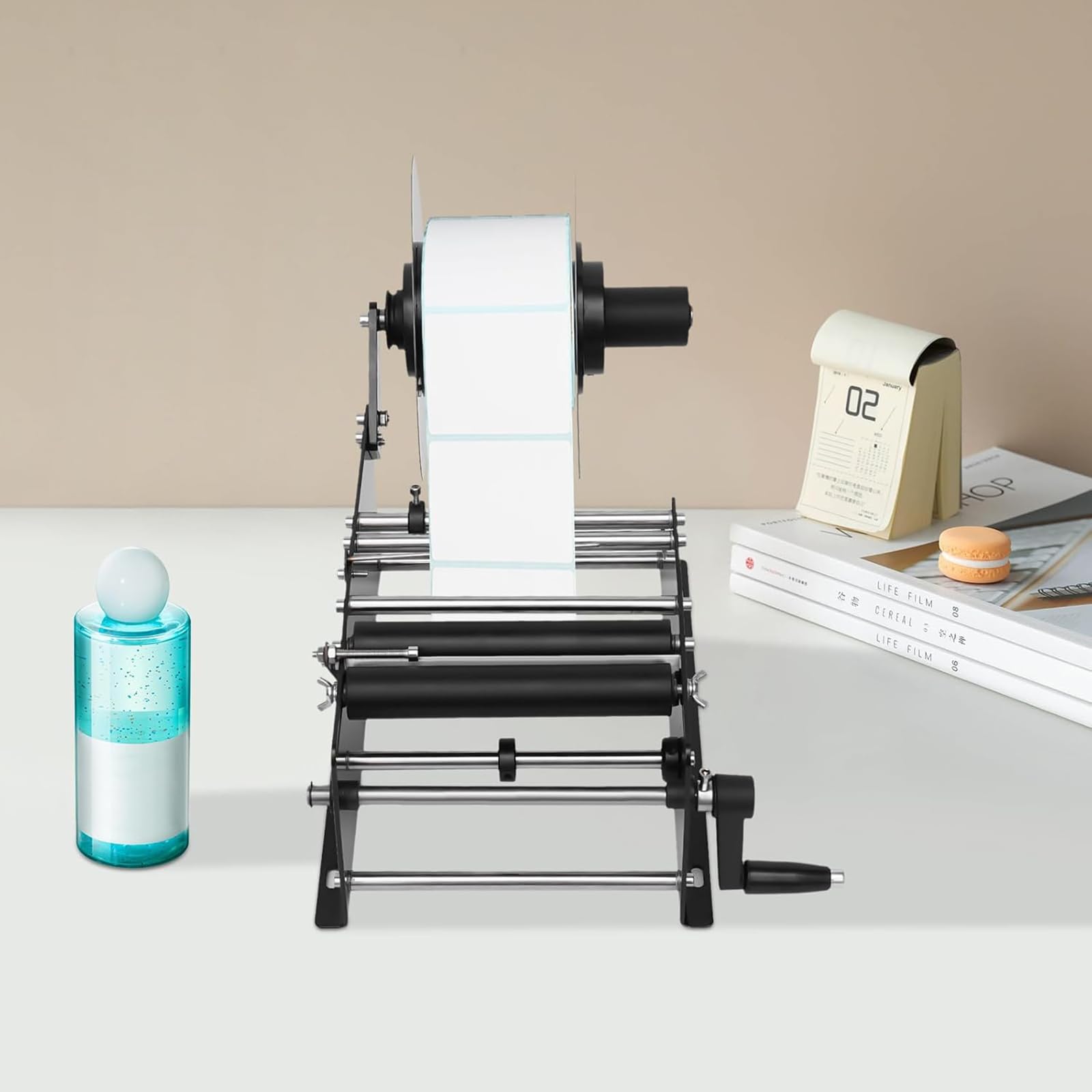Máquina etiquetadora de botellas, etiquetadora redonda manual para botellas, diámetro del núcleo 76 mm, ancho 10-110 mm, longitud 10-300 mm, ideal para etiquetado preciso