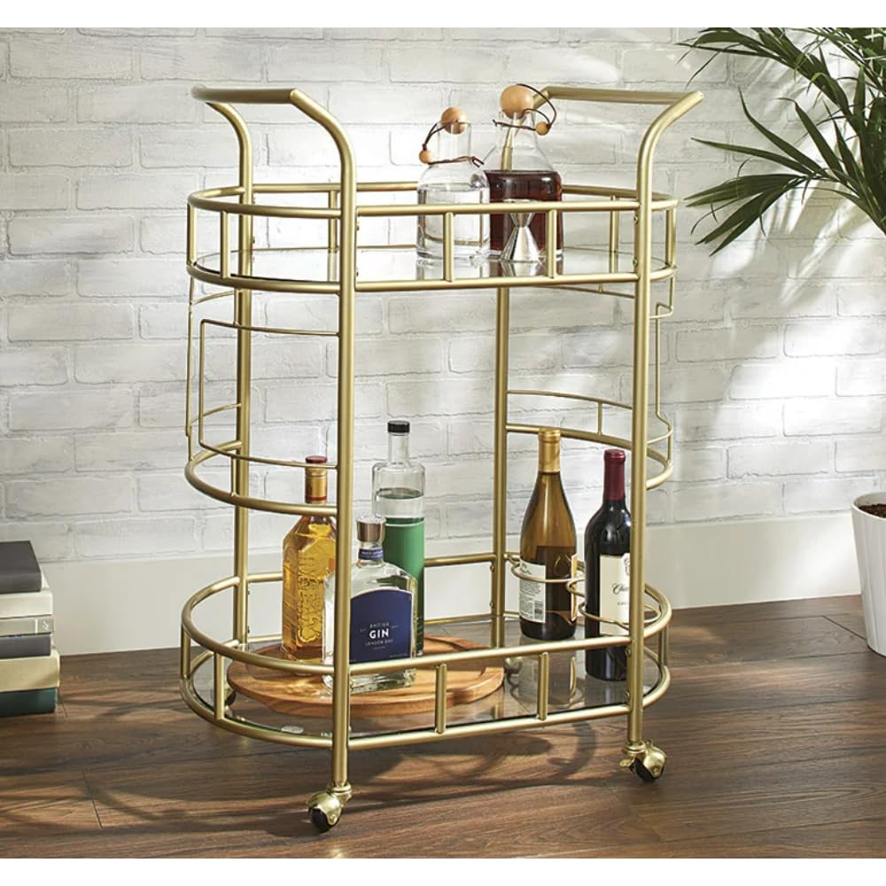 Rollwagen Barwagen mit mattgoldener Metalloberfläche, 2-stufiger Kücheninseltisch, Servierwagen for das Esszimmer