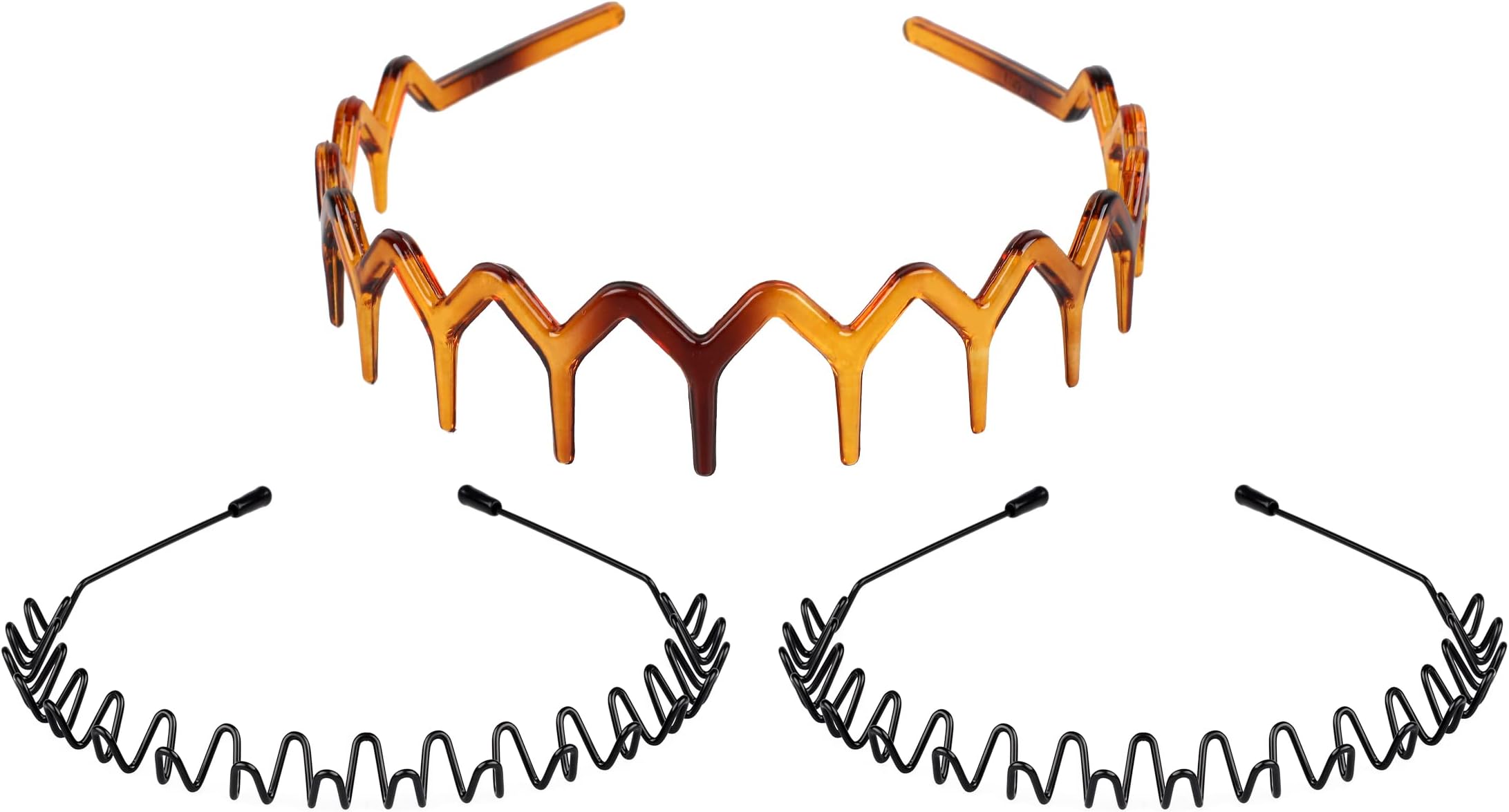 fenshine (3pcs) - 3 Pcs Hair Bands, Metal Spring Wavy Hair Hoop and Plastic Zigzag Headbands, Unisex Wavy Headband Non Slip Sports Hairband, Sharks Tooth Hair Comb Hairband for Women