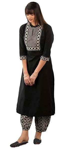 Yashika Women's 3/4 Sleeve Solid Black Color Kurti Pant Set, Cotton Blend, Knee Length, Stylish Ethnic Outfit, Office, and Casual Occasions
