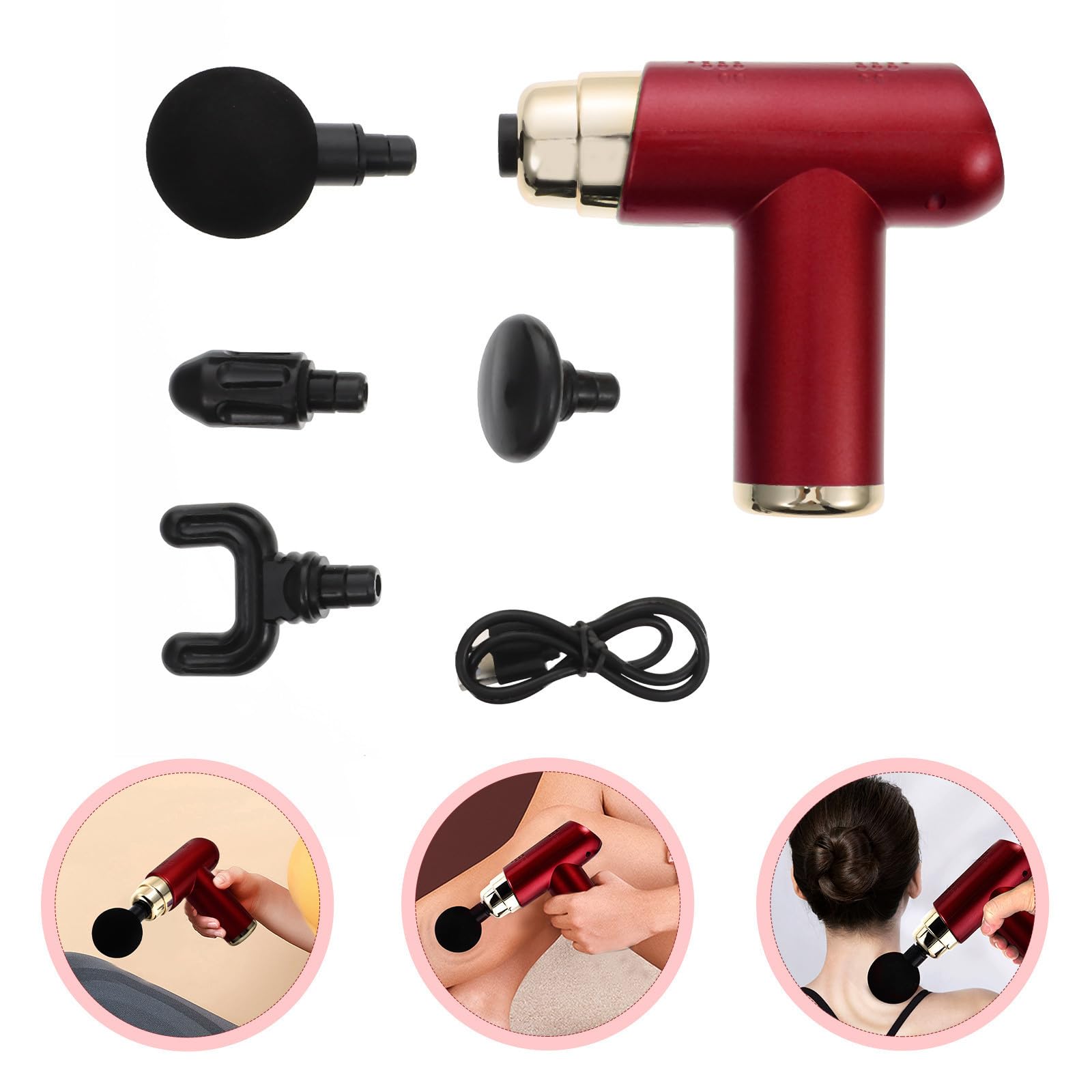 Masajeador Muscular Eléctrico de Percusión Mini Ajustable Rojo | Abs, 6 Velocidades y 4 Cabezales, Batería 7, 4v 1200mah, Carga Tipo C, 25w