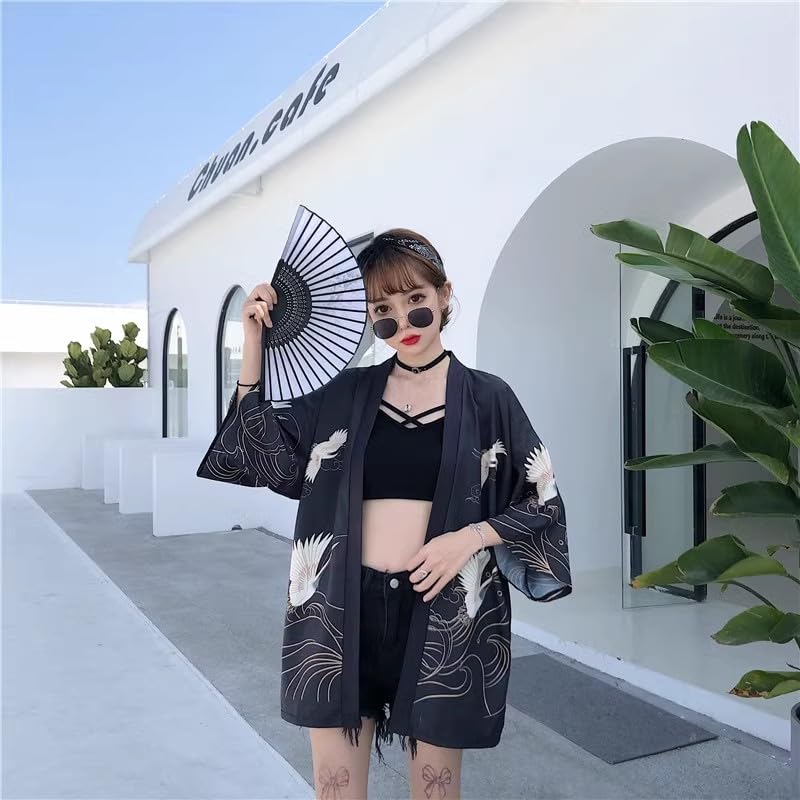 Image of LAI MENG FIVE CATS Women's Floral Print Loose Blouse Japanese Kimono Tops | Puff Sleeve,Cover up Top,Casual Cute Tops,Summer Cardigans 2026