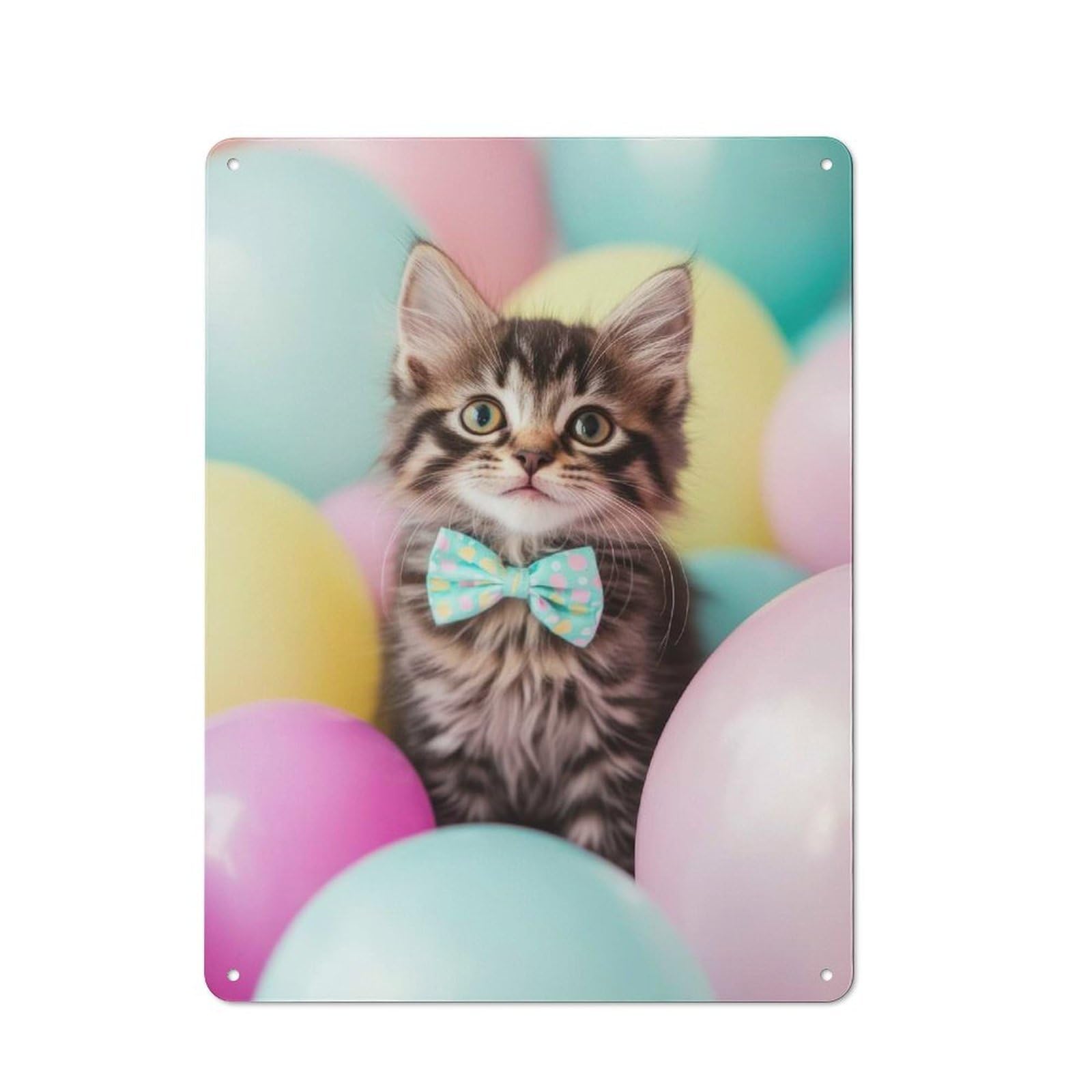 Junmoney Kitten With Bowtie And Balloons Rustic Metal Wall Decor 40X30cm, Country Metal Sign For Kitchen, Cottage, Porch Or Garden Room