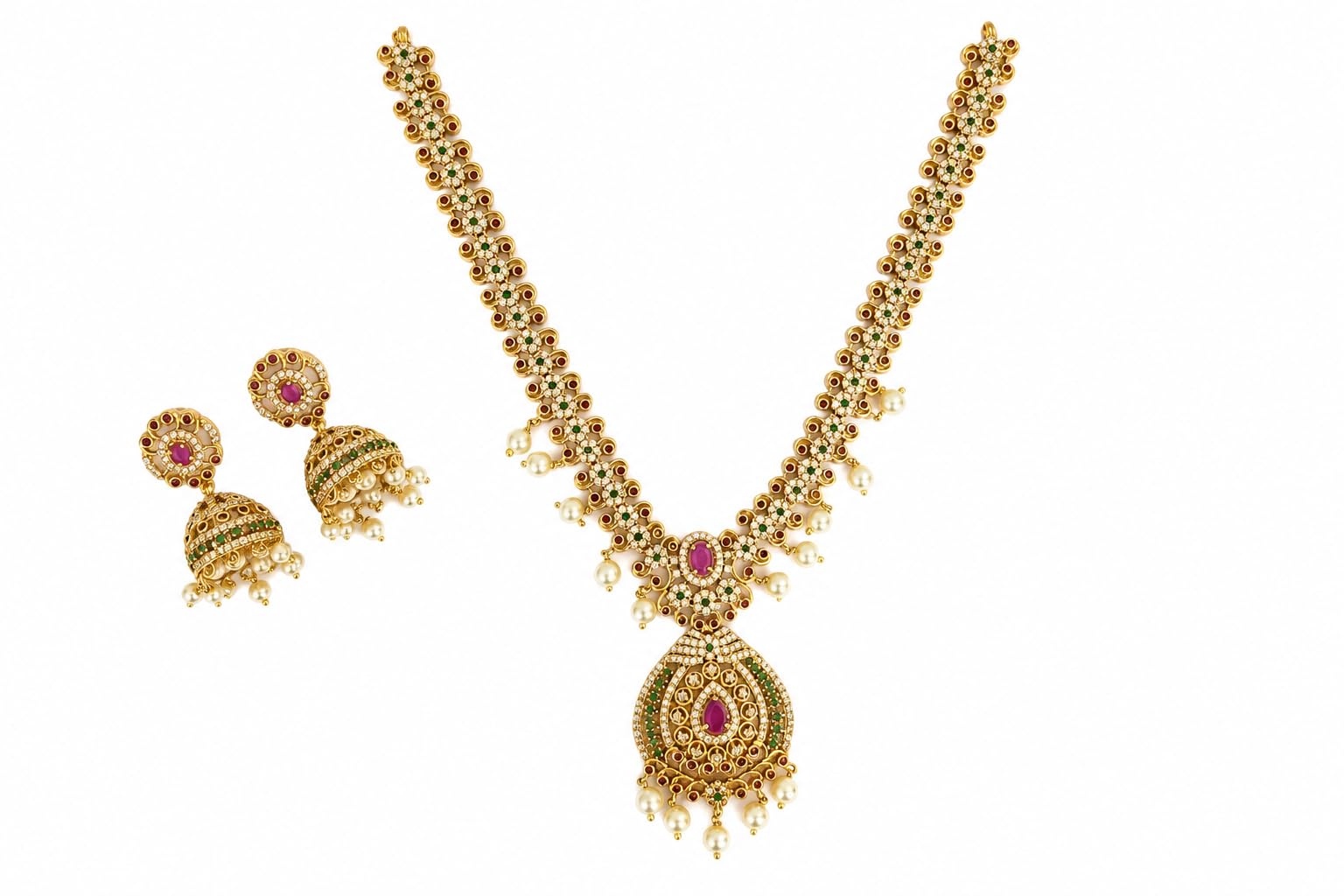 Amyeèra Luxe Royal Ruby & Pearl Necklace Set with Jhumka Earrings-image-16