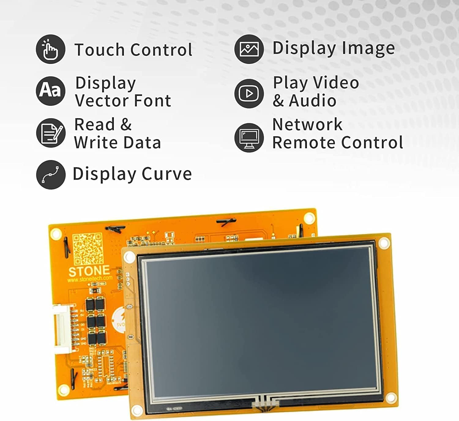 Diagram showing key features of the HMI display including touch control, image display, video/audio playback, data read/write, vector fonts, network control, and curve display.