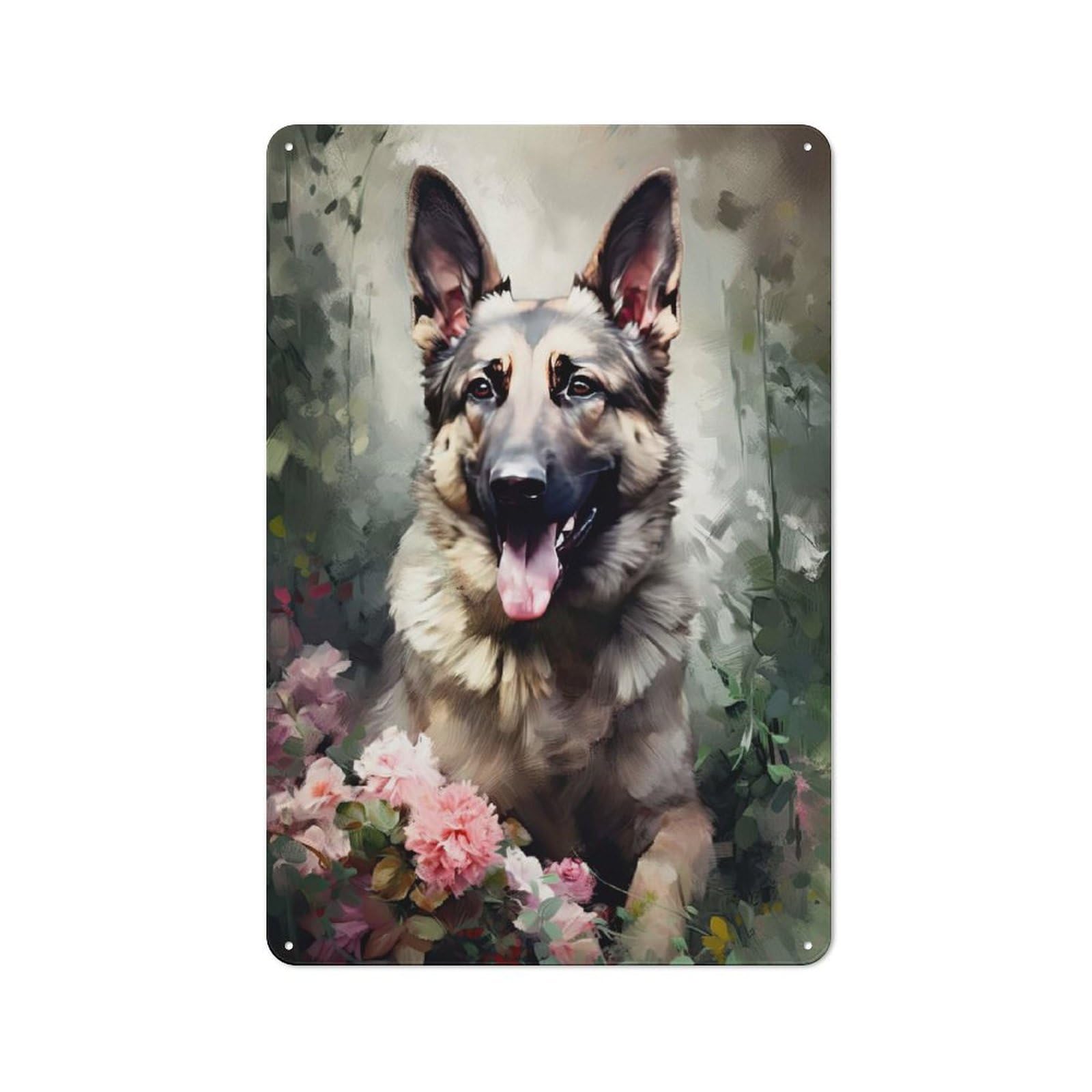 Junmoney German Shepherd Flowers Vintage Tin Sign 30X20cm For Home Bar Wall, For Collectors Of Vintage Metal Wall Decor