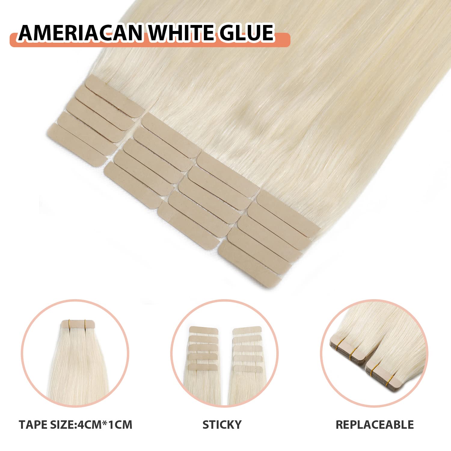 XDhair Tape in Hair Extensions 20inch Platinum Blonde 50g 20pcs Straight Invisible Tape in Real Human Hair Extensions for Fashion Women(#60 - Image 3